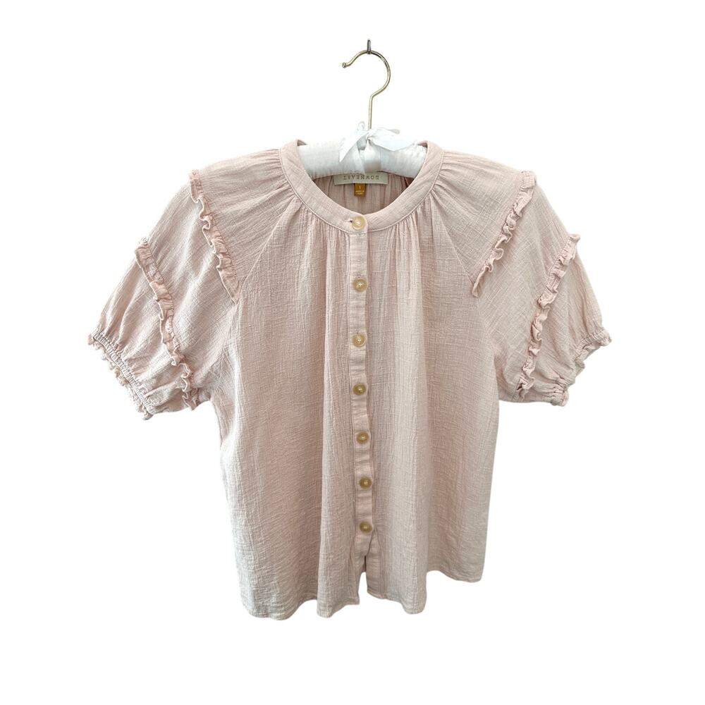 DOWNEAST Blush Pink Ruffle Sleeve Button Front Blouse Top Cottagecore | Small